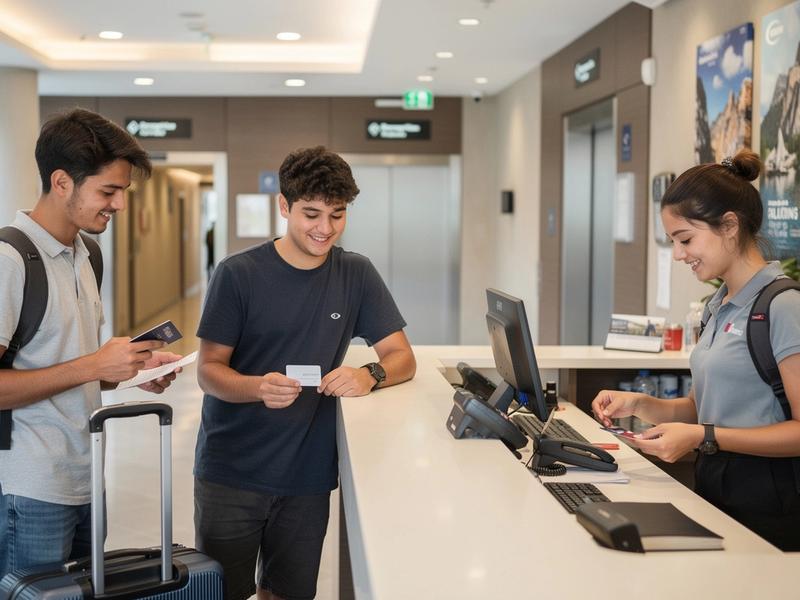 Student at a hotel check-in moment